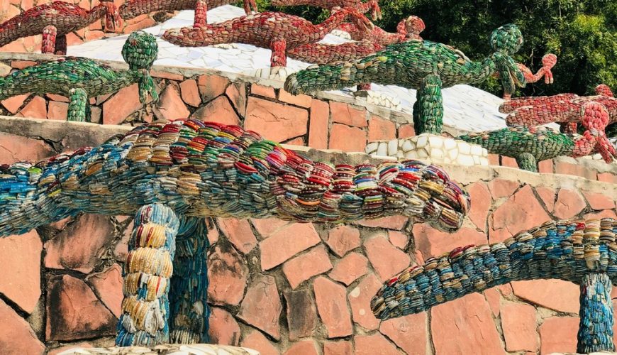 Intricate mosaic sculptures made from recycled materials at the Rock Garden in Chandigarh, India.