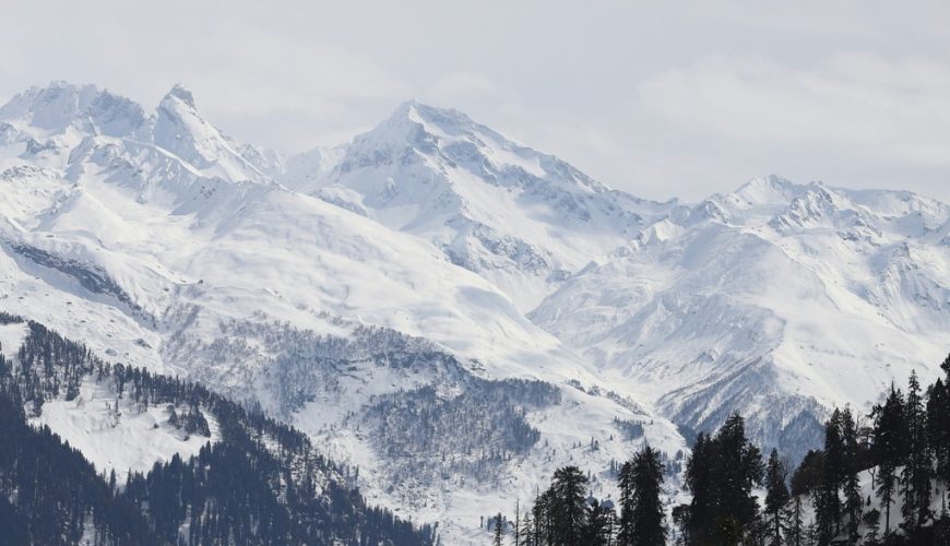 Majestic snow-clad Himalayan mountain range with coniferous forests in the foreground, Manali.